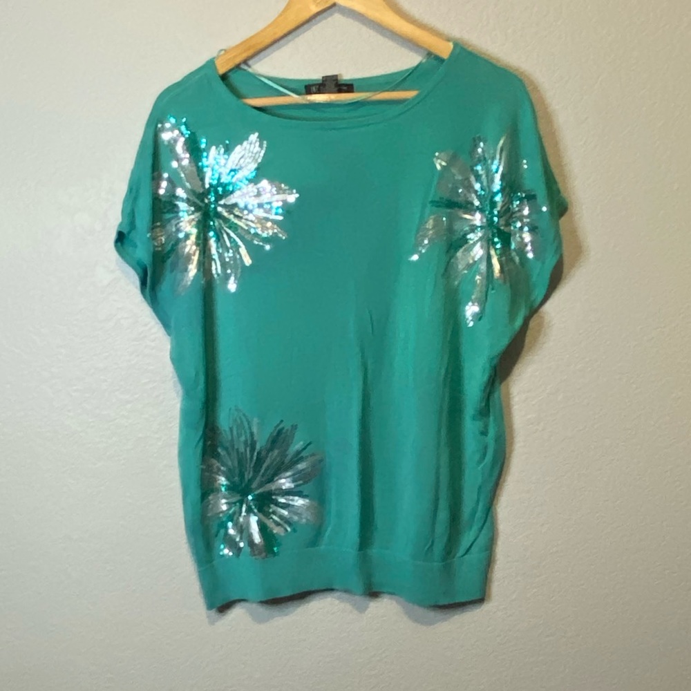 INC International Concepts Teal Sequin Floral Short Sleeve Top